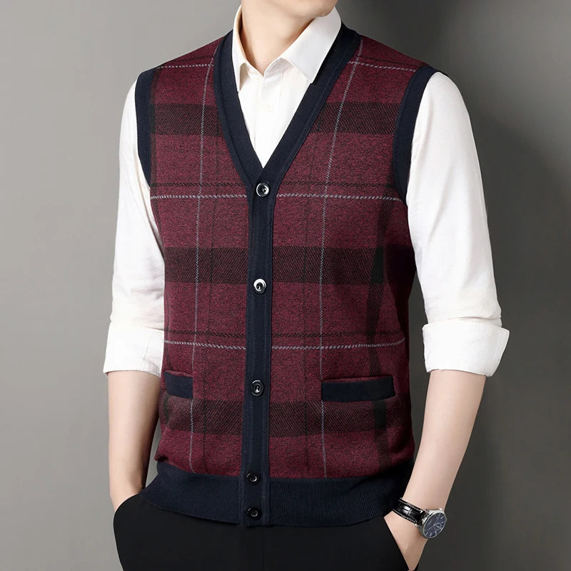 Cardigan tricot sans manches à carreaux