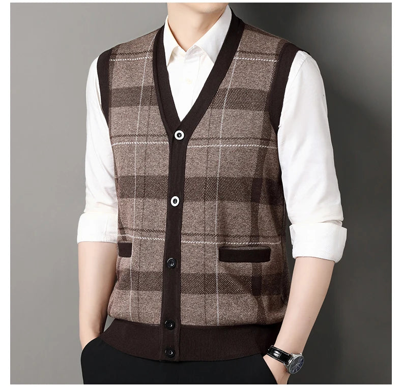 Cardigan tricot sans manches à carreaux