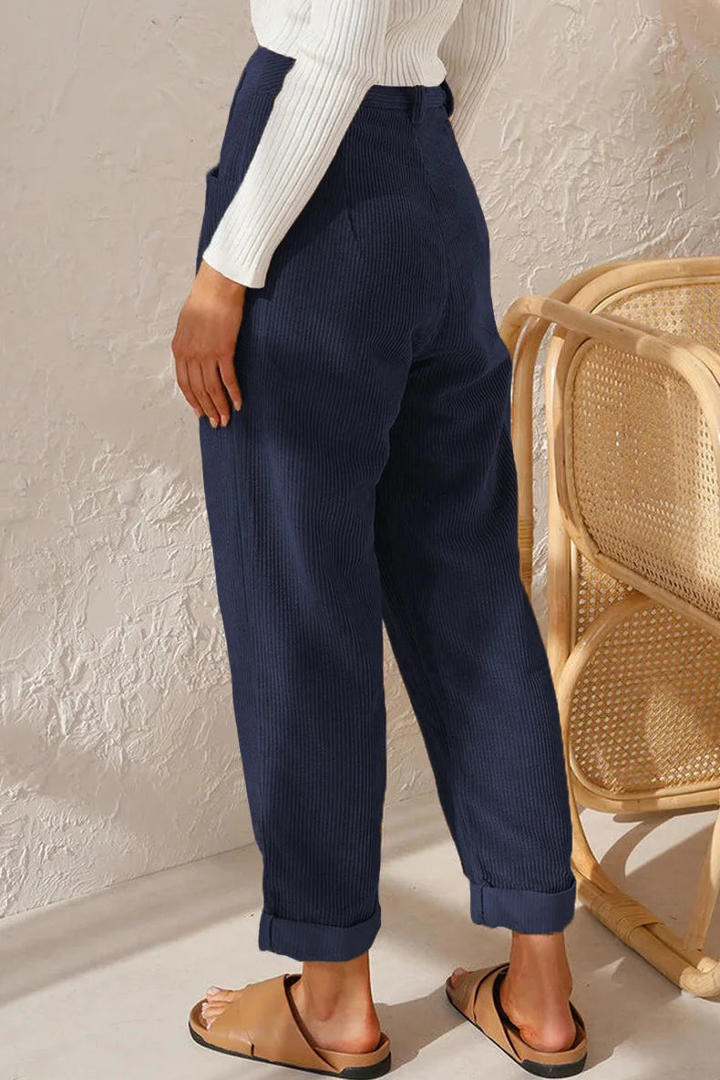 Pantalon en Velours Côtelé Taille Haute 7/8 Retroussé - Femme