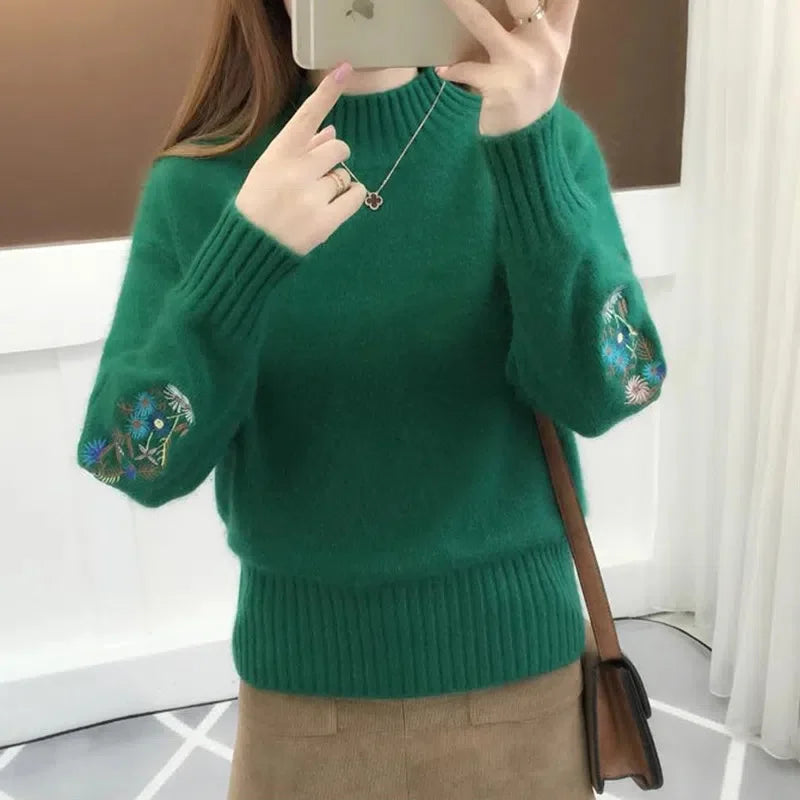 Pull en Tricot Chaud Manches avec Broderie Florale