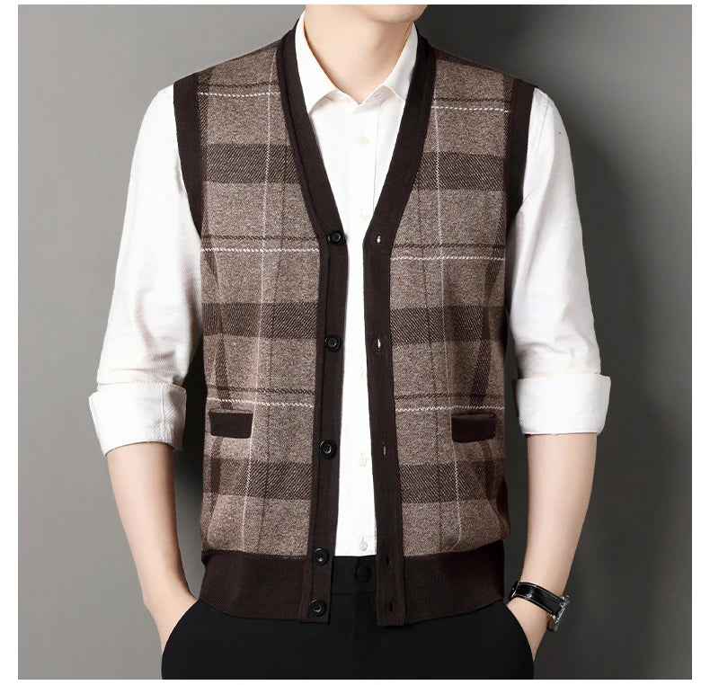 Cardigan tricot sans manches à carreaux