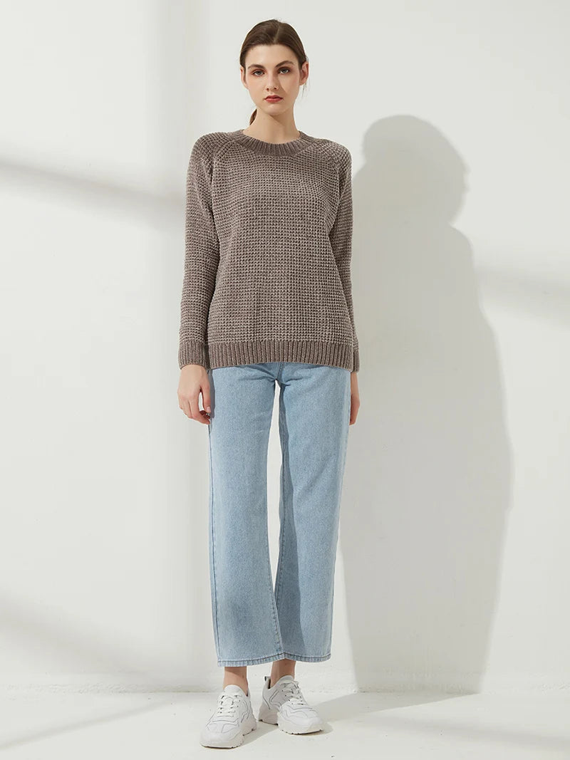 Pull épais tricoté côtelé à manches longues pour femme - Col