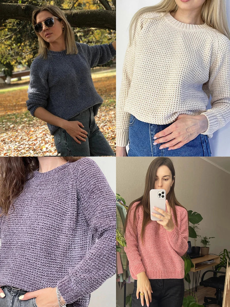 Pull épais tricoté côtelé à manches longues pour femme - Col