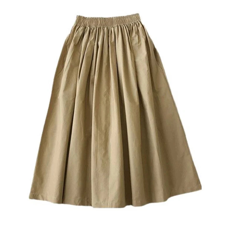 Jupe Longue Femme en Popeline de Coton – Taille Haute, Plissée avec Poches, Coupe Évasée Élégante et Décontractée