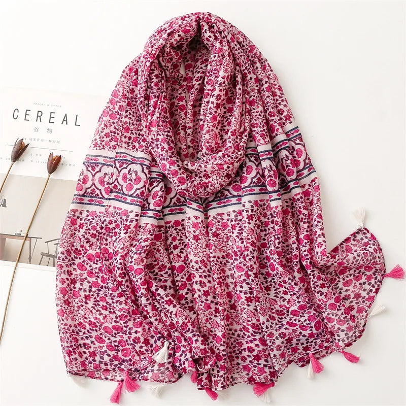 Foulard Printanier en Viscose à imprimé et pompoms