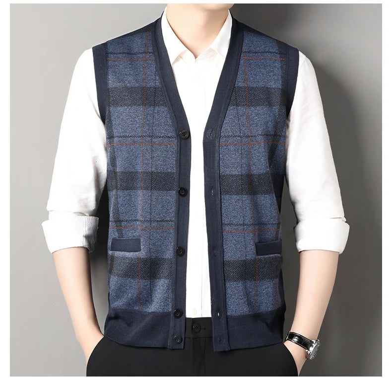 Cardigan tricot sans manches à carreaux