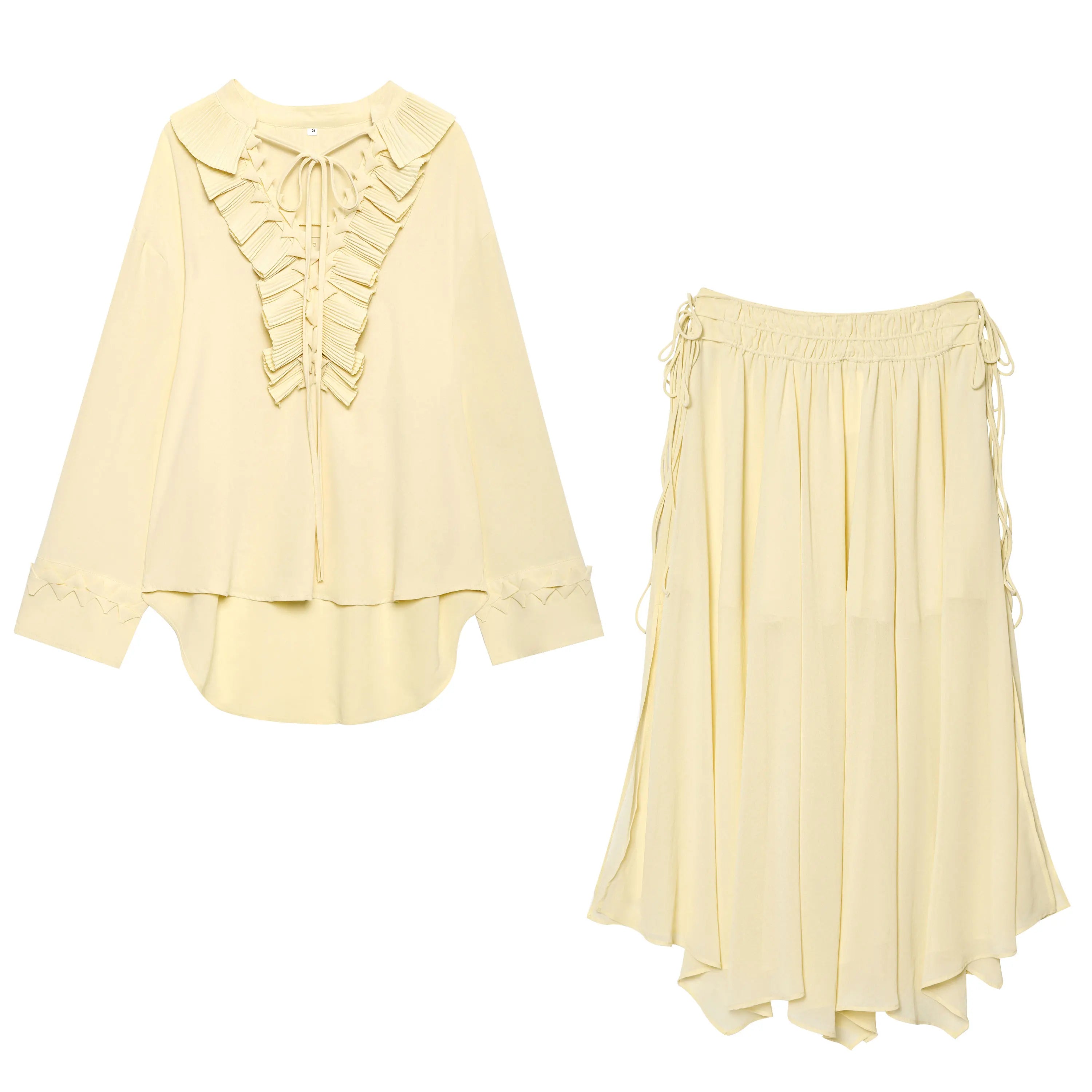 Ensemble Élégant Blouse à Volant & Jupe Longue Jaune