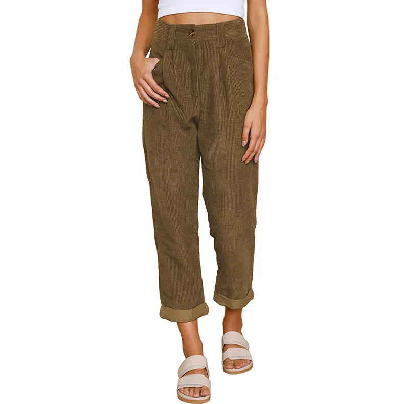Pantalon en Velours Côtelé Taille Haute 7/8 Retroussé - Femme
