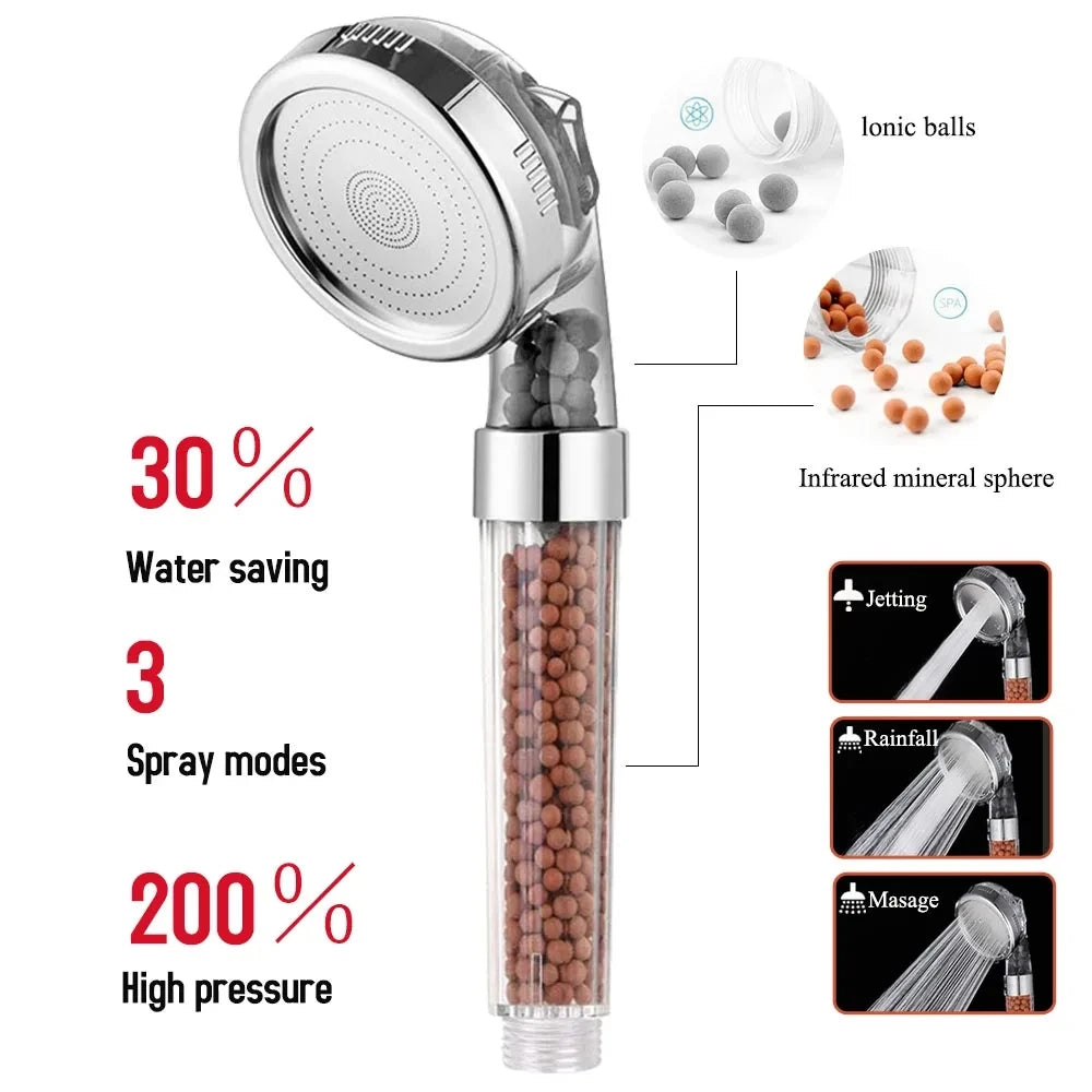 Pommeau de Douche Écologique Haute Pression 3 Jets Relaxants - Recharge Billes OFFERTE
