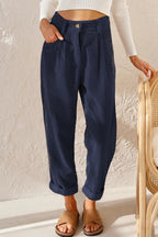 Pantalon en Velours Côtelé Taille Haute 7/8 Retroussé - Femme