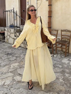 Ensemble Élégant Blouse à Volant & Jupe Longue Jaune