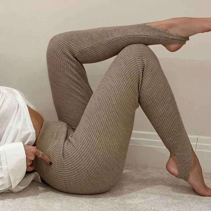 Legging Tricoté en Coton Taille Haute avec Pied