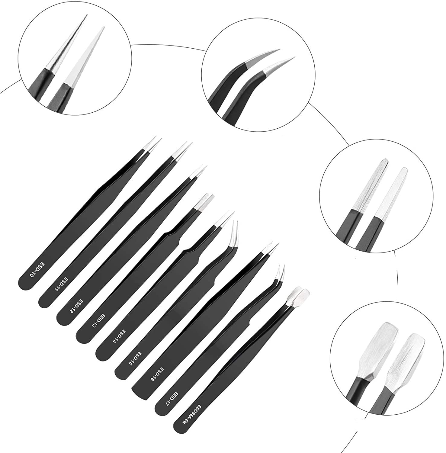Lot de 9 Pinces Antistatique de précision