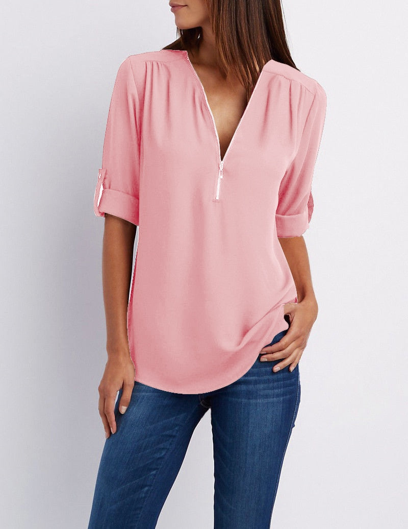 Blouse casual à fermeture éclaire et manches retroussées
