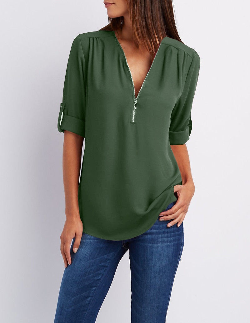 Blouse casual à fermeture éclaire et manches retroussées