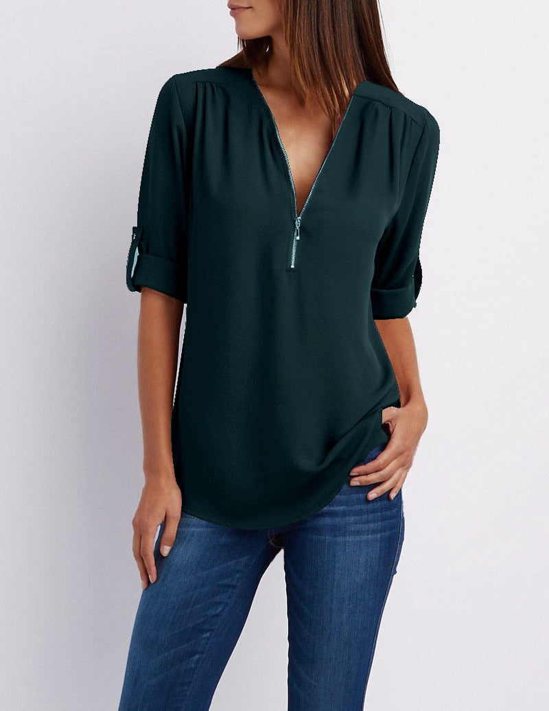 Blouse casual à fermeture éclaire et manches retroussées