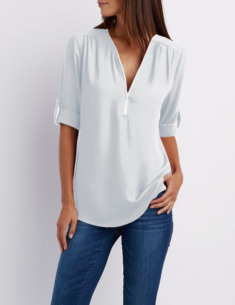 Blouse casual à fermeture éclaire et manches retroussées