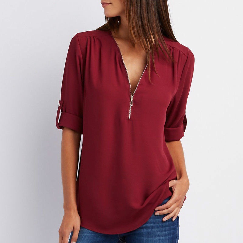 Blouse casual à fermeture éclaire et manches retroussées