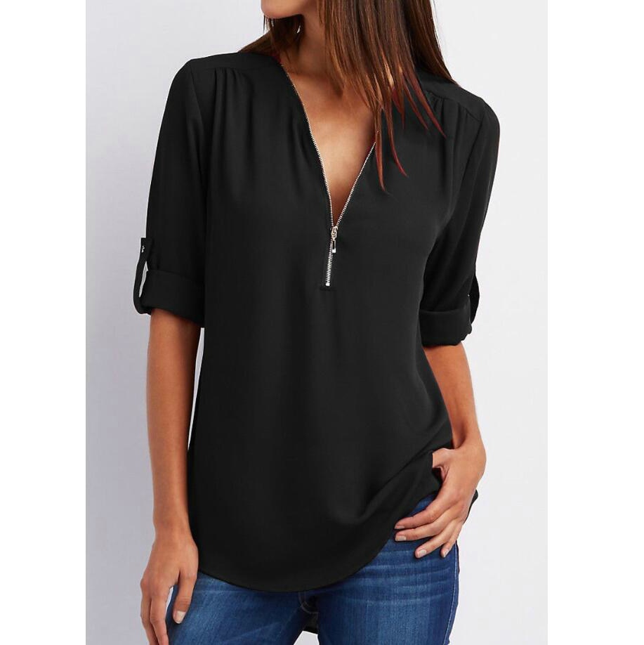 Blouse casual à fermeture éclaire et manches retroussées