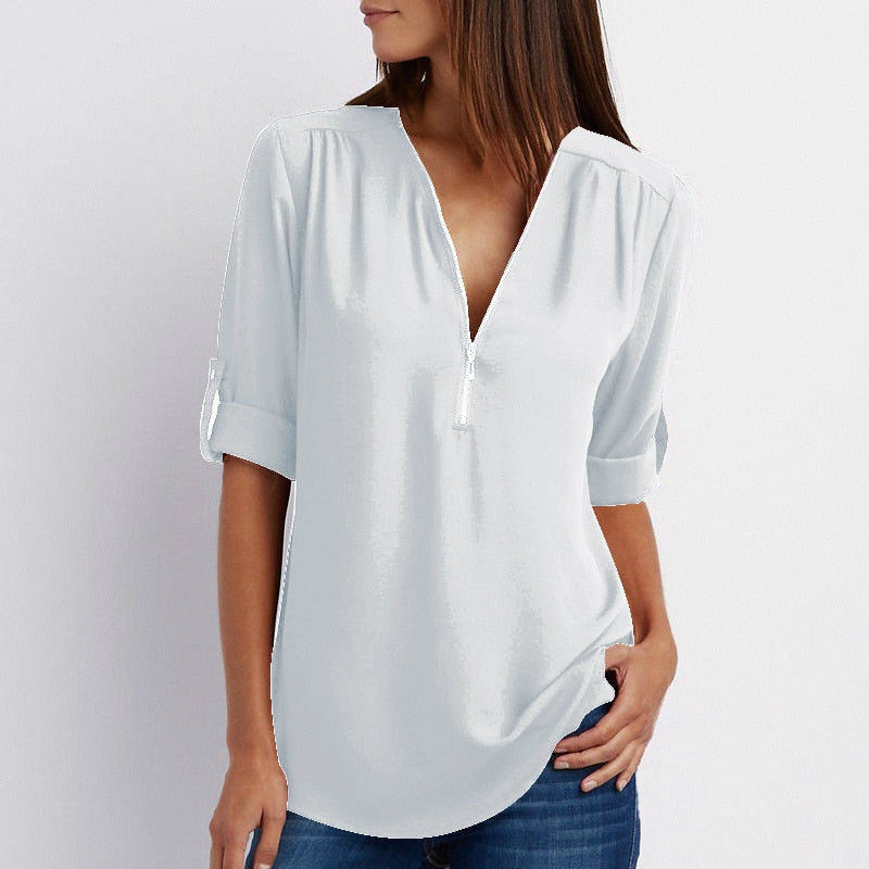 Blouse casual à fermeture éclaire et manches retroussées
