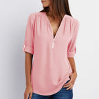 Blouse casual à fermeture éclaire et manches retroussées