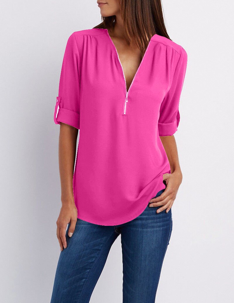 Blouse casual à fermeture éclaire et manches retroussées