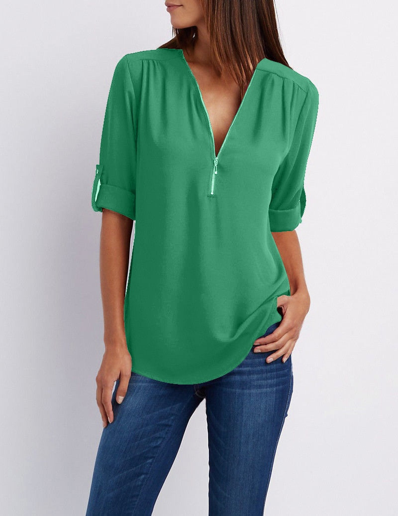 Blouse casual à fermeture éclaire et manches retroussées