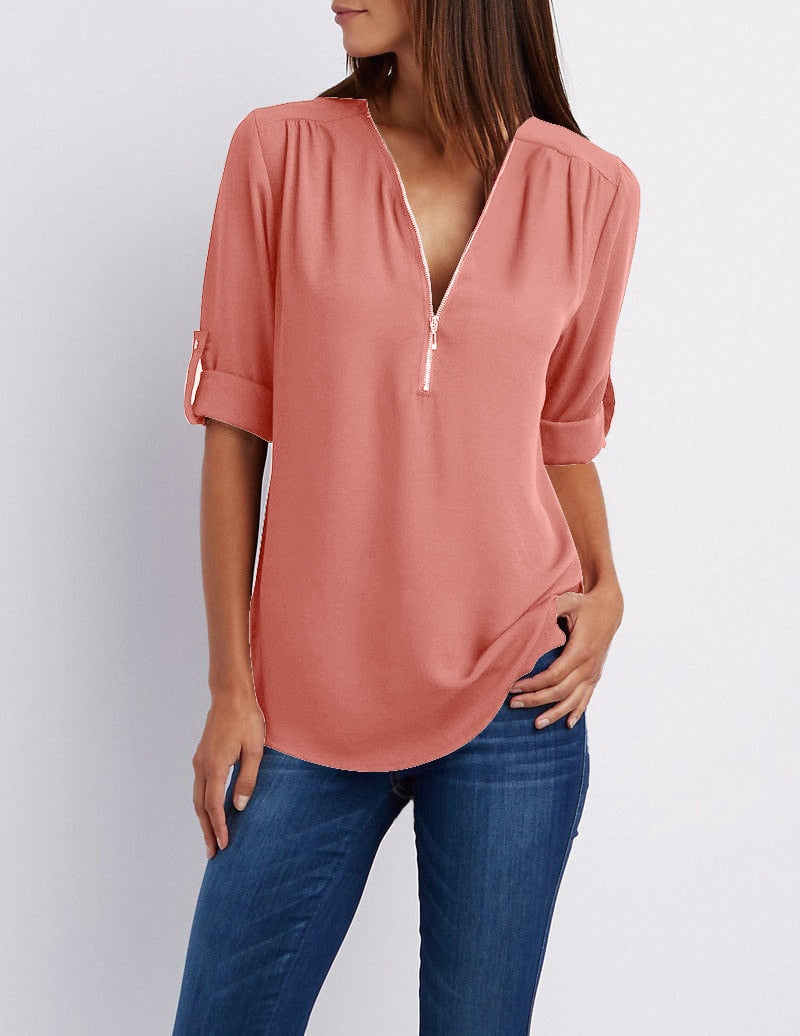 Blouse casual à fermeture éclaire et manches retroussées