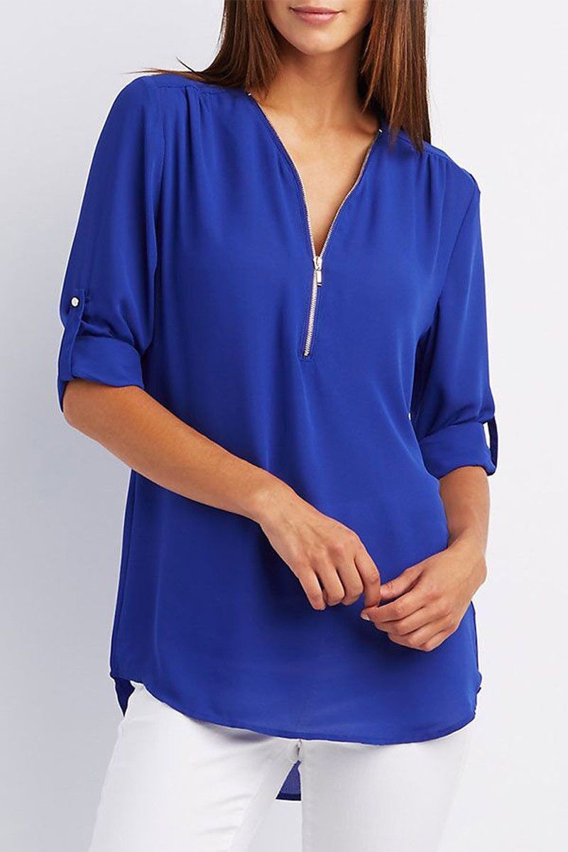 Blouse casual à fermeture éclaire et manches retroussées