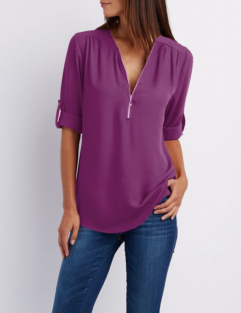 Blouse casual à fermeture éclaire et manches retroussées