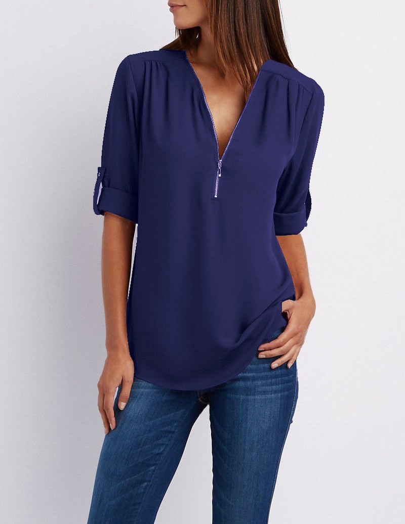 Blouse casual à fermeture éclaire et manches retroussées