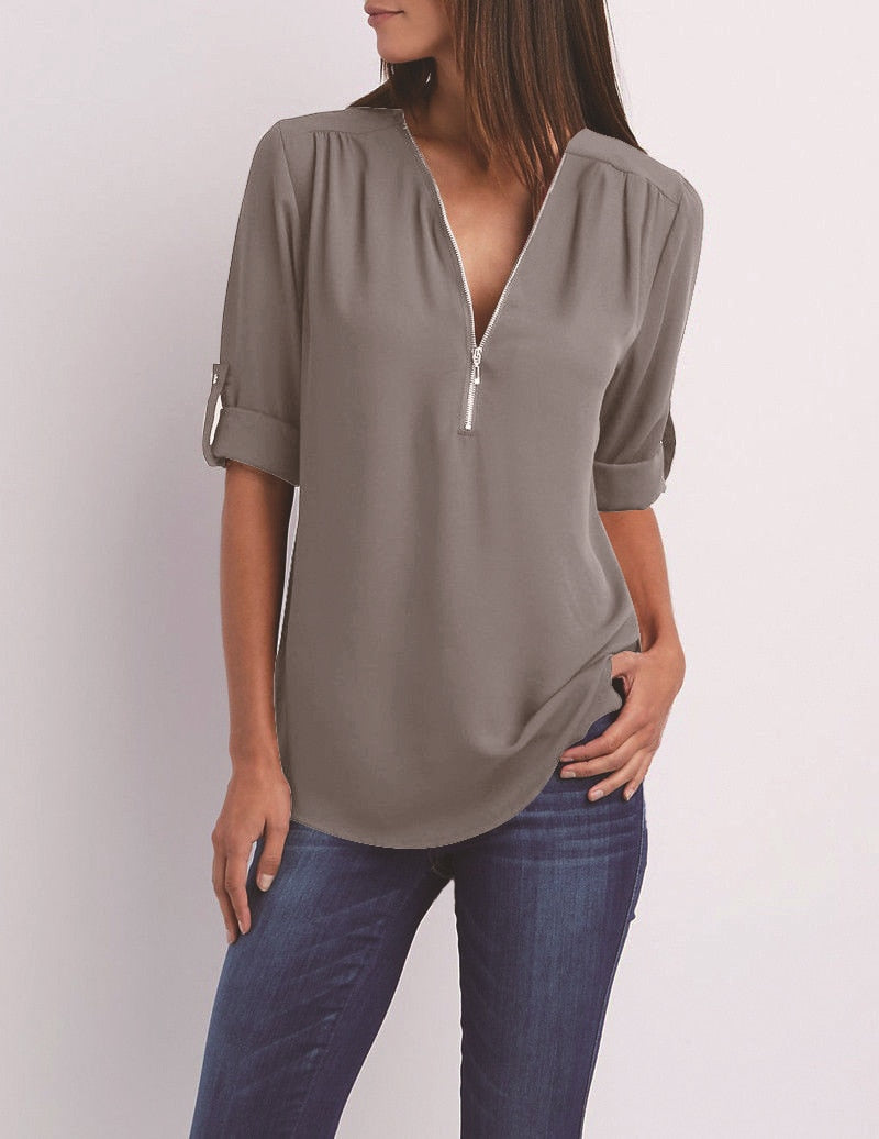 Blouse casual à fermeture éclaire et manches retroussées