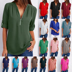 Blouse casual à fermeture éclaire et manches retroussées