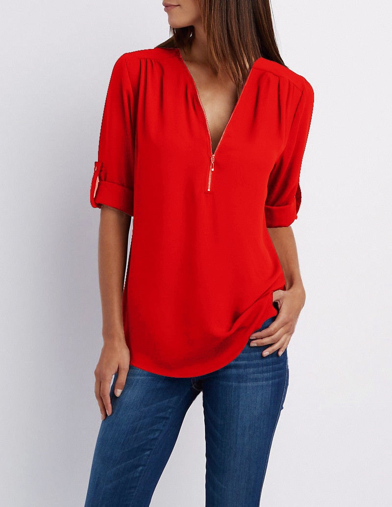 Blouse casual à fermeture éclaire et manches retroussées