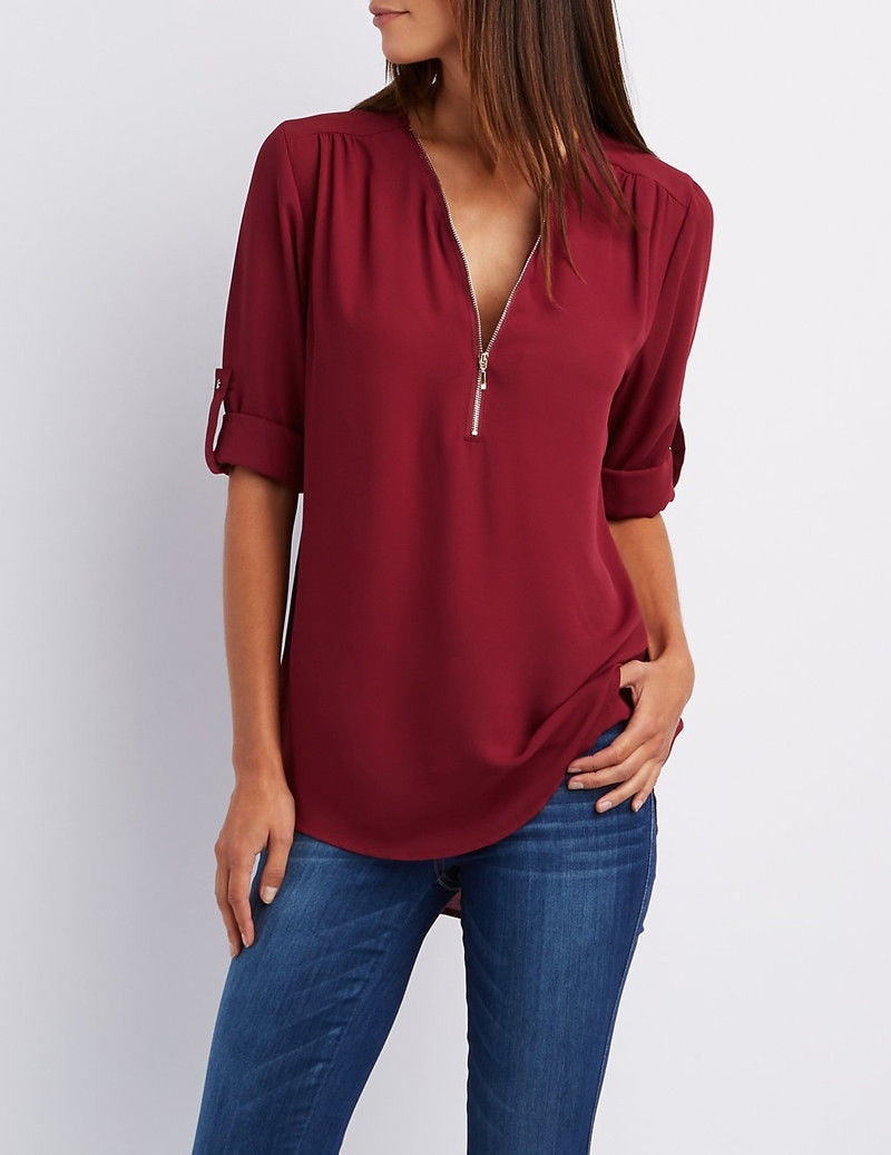 Blouse casual à fermeture éclaire et manches retroussées